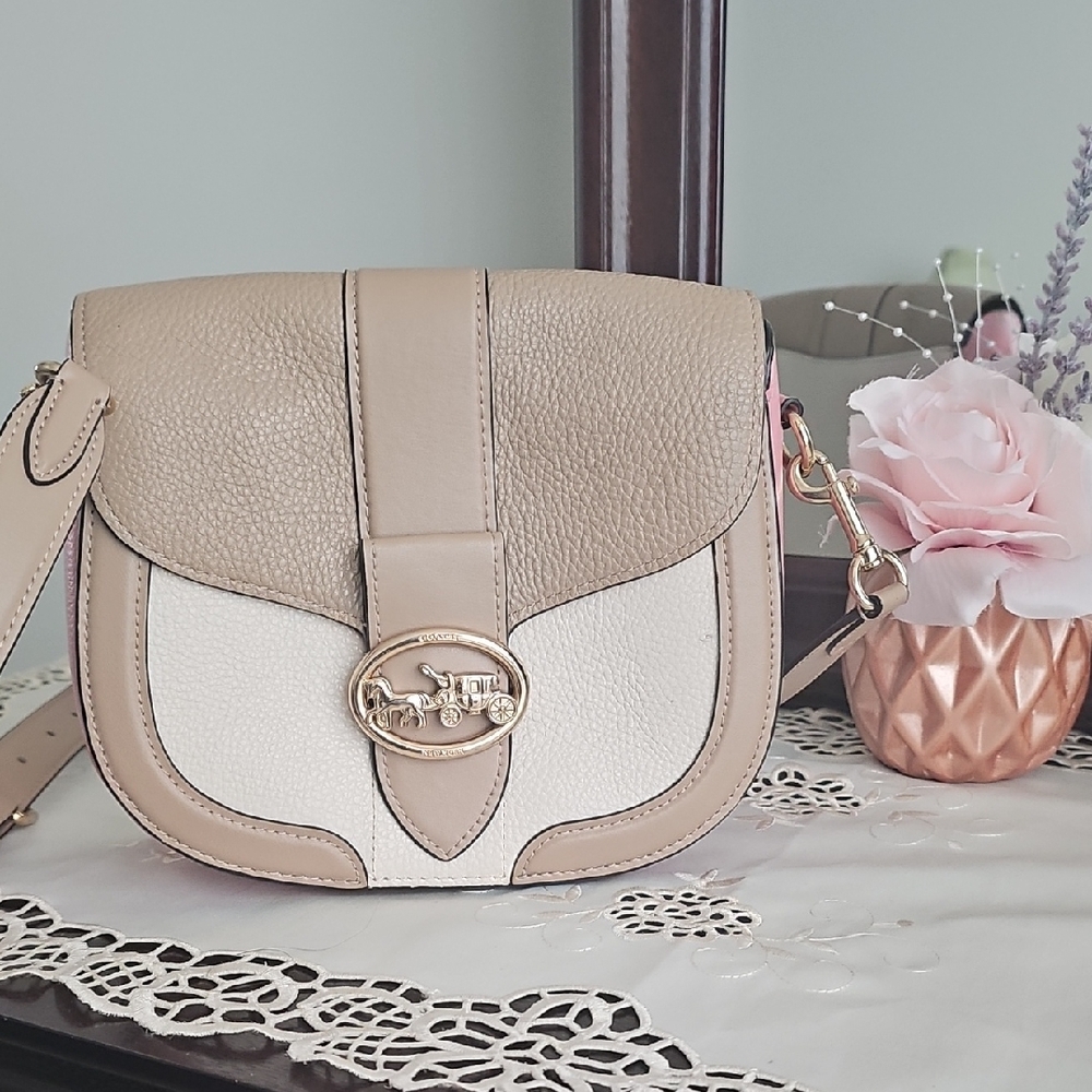 Coach Georgie Saddle Beige, Off-White And Pink Leather Crossbody Bag